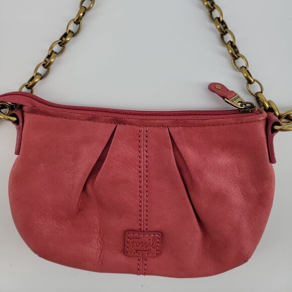 👜 Fossil Leather Pleated Mini Clutch / Crossbody – Rose Pink – Excellent - Picture 3 of 10